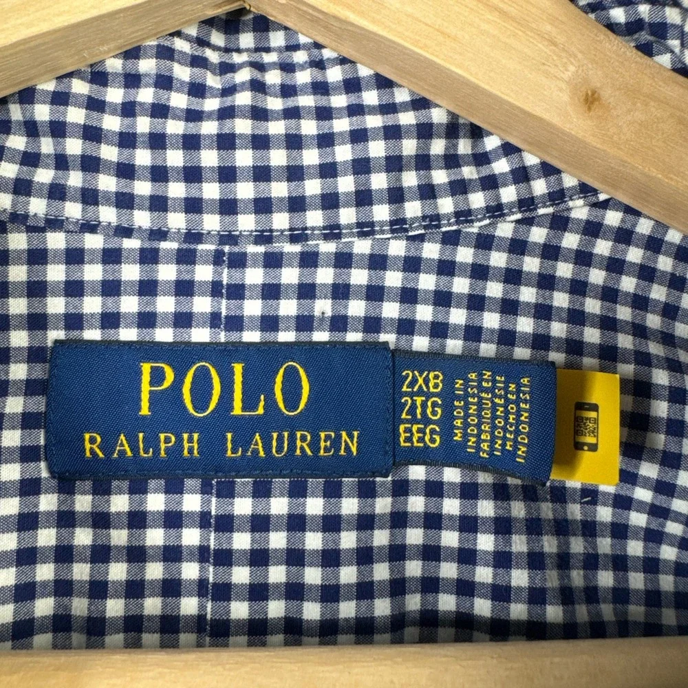 Polo Ralph Lauren Mens 2XB Navy Blue White Gingham Check Stretch Long Slv Shirt